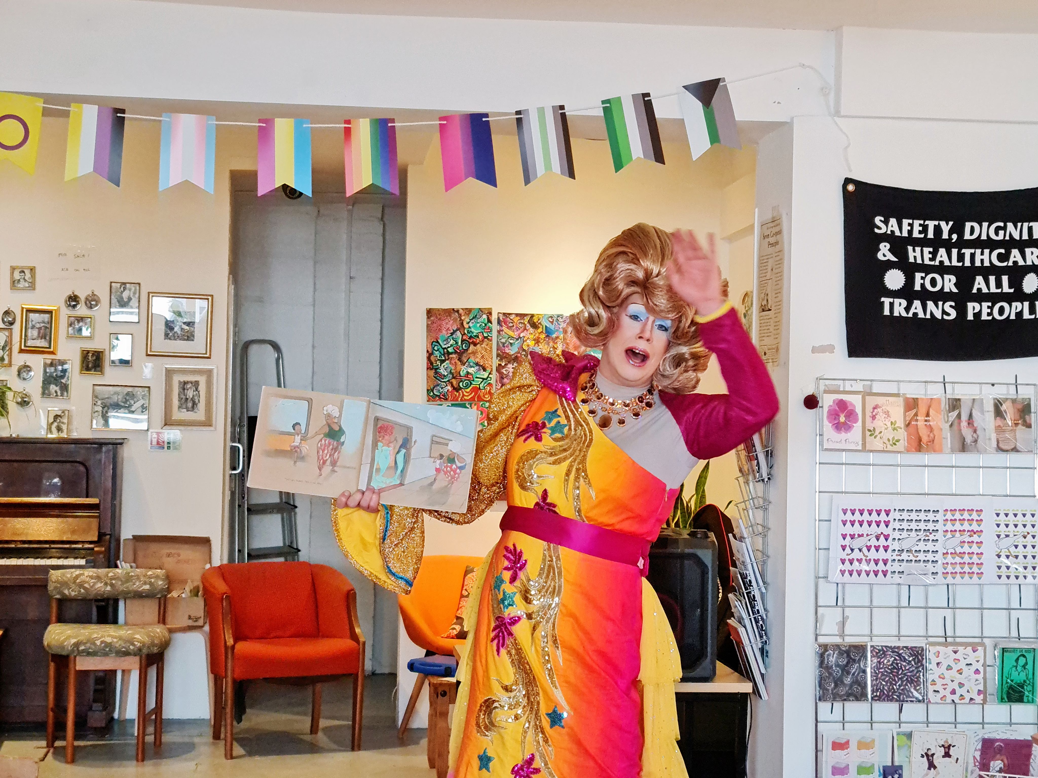 Pantomime dame Mama G hosting Storytime with Mama G at The Queery, Brighton